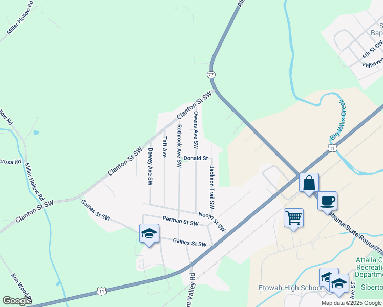 map of restaurants, bars, coffee shops, grocery stores, and more near 655 Owens Avenue Southwest in Attalla