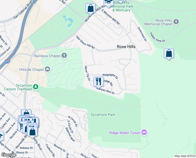 map of restaurants, bars, coffee shops, grocery stores, and more near 11537 Moonridge Road in Whittier