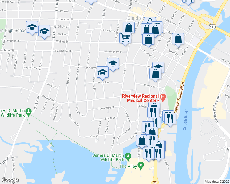 map of restaurants, bars, coffee shops, grocery stores, and more near 612 Lamar Street in Gadsden