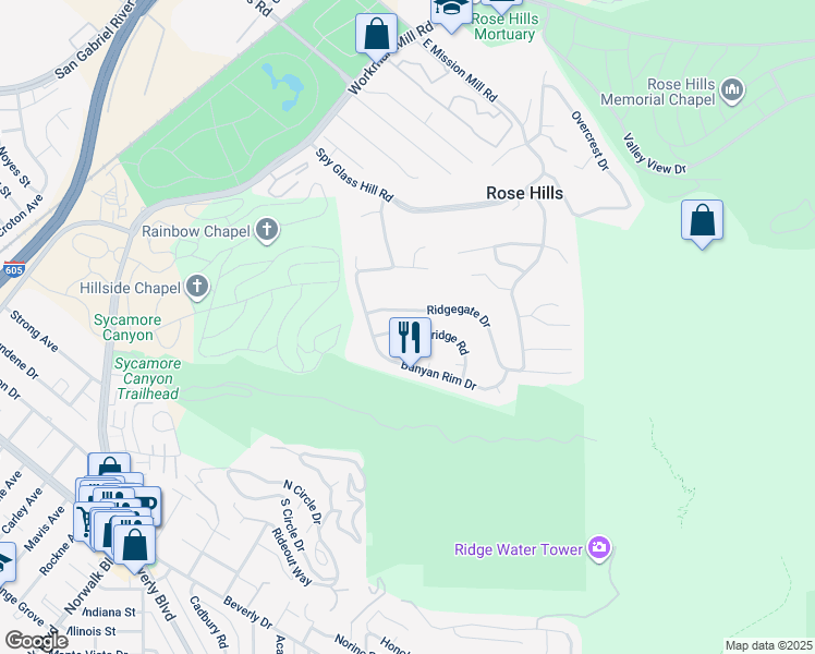 map of restaurants, bars, coffee shops, grocery stores, and more near 11537 Moonridge Road in Whittier