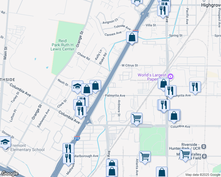 map of restaurants, bars, coffee shops, grocery stores, and more near 1680 Oxford Street in Riverside