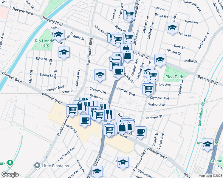 map of restaurants, bars, coffee shops, grocery stores, and more near 8856 Railton Street in Pico Rivera