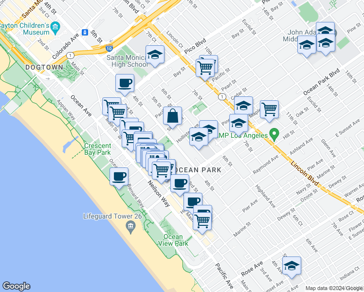 map of restaurants, bars, coffee shops, grocery stores, and more near 2411 4th Street in Santa Monica