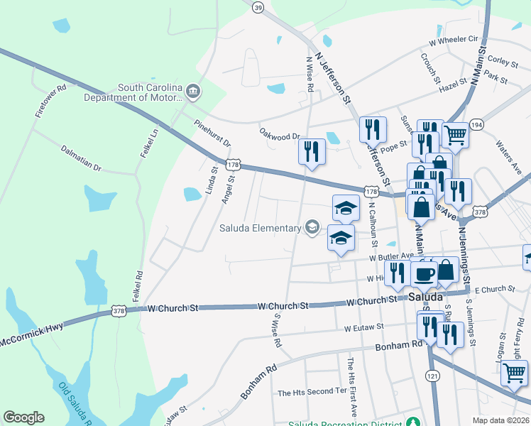 map of restaurants, bars, coffee shops, grocery stores, and more near 207 Neal Street in Saluda