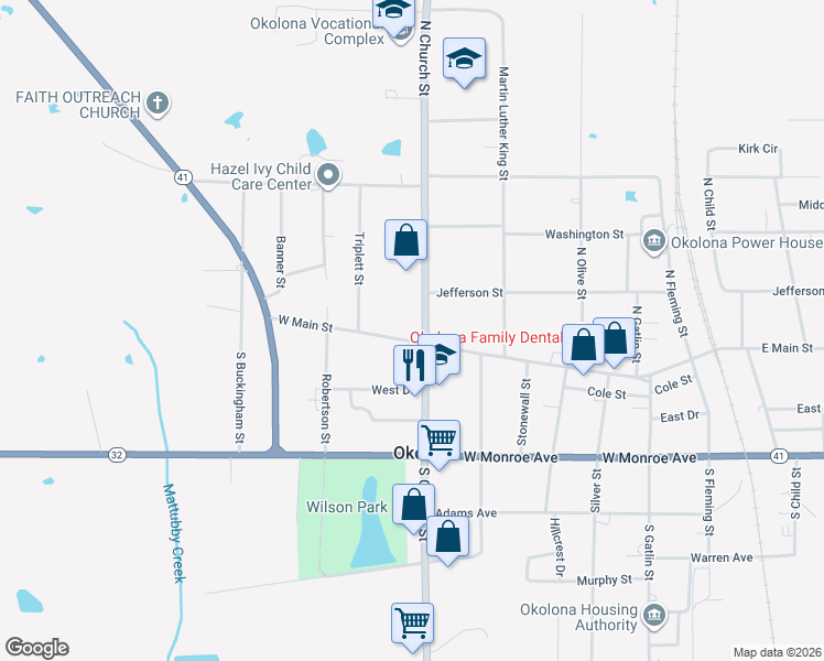 map of restaurants, bars, coffee shops, grocery stores, and more near 101 North Church Street in Okolona