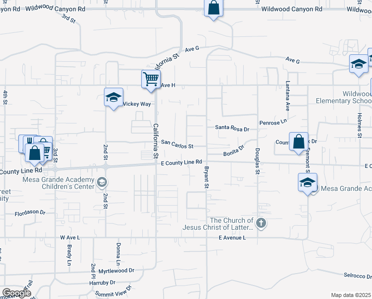 map of restaurants, bars, coffee shops, grocery stores, and more near 35248 County Line Road in Yucaipa