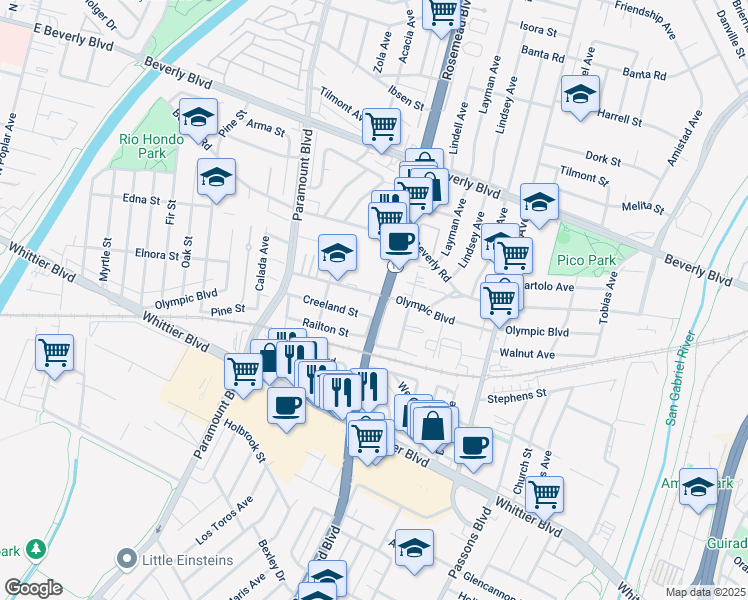 map of restaurants, bars, coffee shops, grocery stores, and more near 8856 Railton Street in Pico Rivera