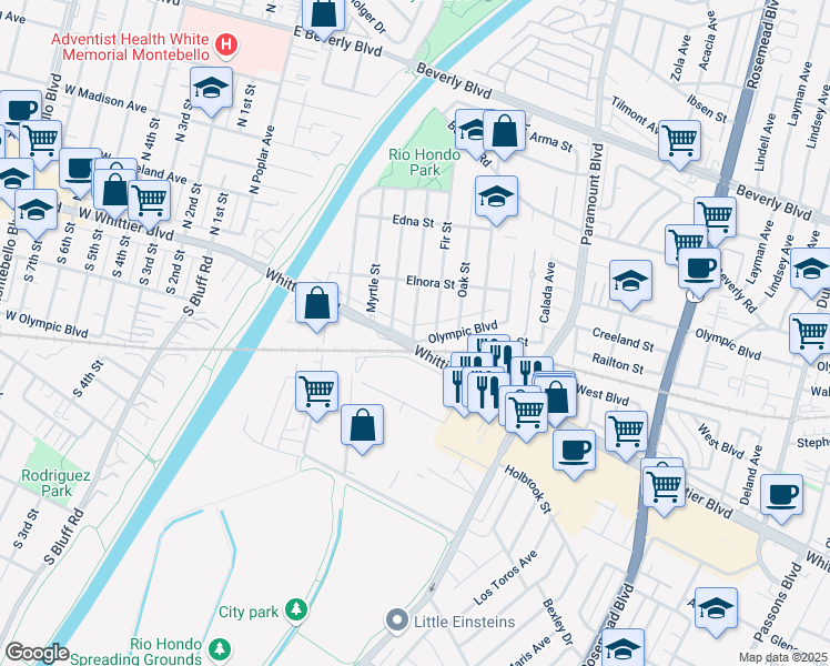 map of restaurants, bars, coffee shops, grocery stores, and more near 8332 Whittier Boulevard in Pico Rivera