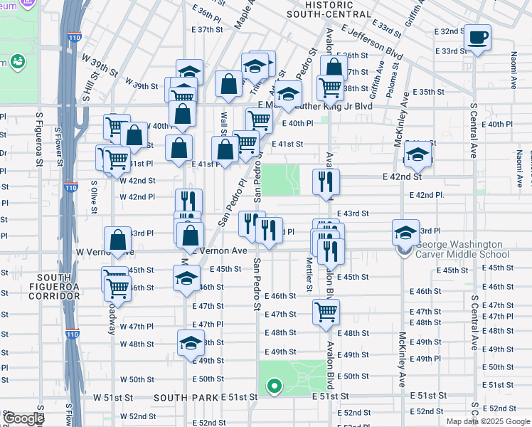 map of restaurants, bars, coffee shops, grocery stores, and more near 287 East 43rd Place in Los Angeles
