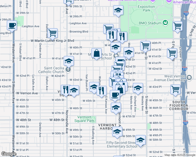 map of restaurants, bars, coffee shops, grocery stores, and more near 4312 Walton Avenue in Los Angeles