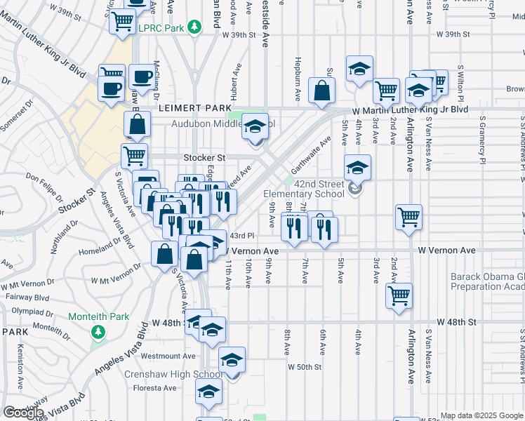 map of restaurants, bars, coffee shops, grocery stores, and more near 4326 10th Avenue in Los Angeles