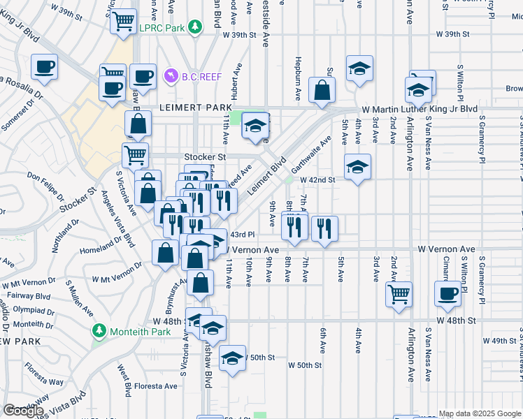 map of restaurants, bars, coffee shops, grocery stores, and more near 4326 10th Avenue in Los Angeles