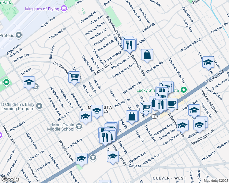 map of restaurants, bars, coffee shops, grocery stores, and more near 3630 May Street in Los Angeles