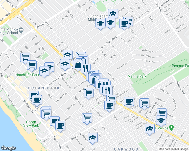 map of restaurants, bars, coffee shops, grocery stores, and more near 810 Ashland Avenue in Santa Monica