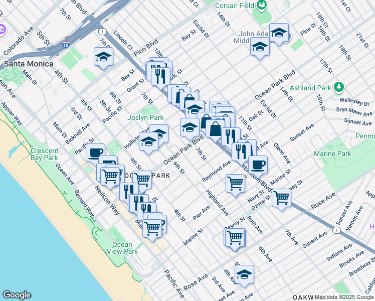 map of restaurants, bars, coffee shops, grocery stores, and more near 642 Copeland Court in Santa Monica