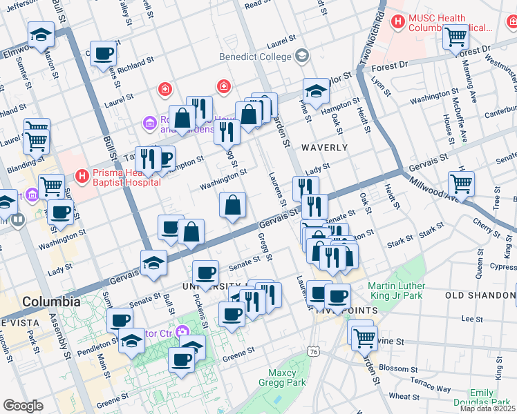 map of restaurants, bars, coffee shops, grocery stores, and more near 1865 Gervais Street in Columbia