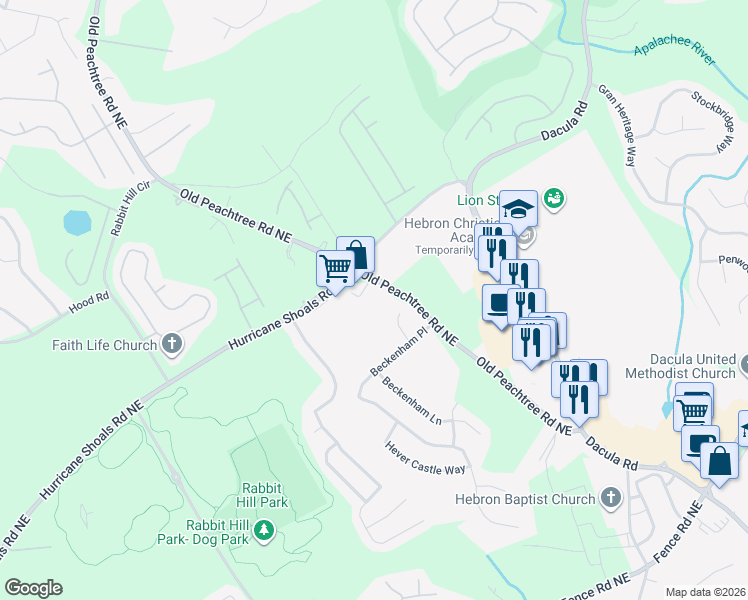 map of restaurants, bars, coffee shops, grocery stores, and more near 3275 Old Peachtree Road in Dacula