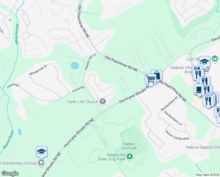 map of restaurants, bars, coffee shops, grocery stores, and more near 2557 Peach Shoals Circle in Dacula