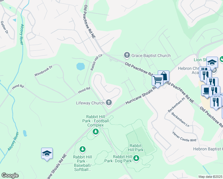 map of restaurants, bars, coffee shops, grocery stores, and more near 2366 Peach Shoals Circle in Dacula