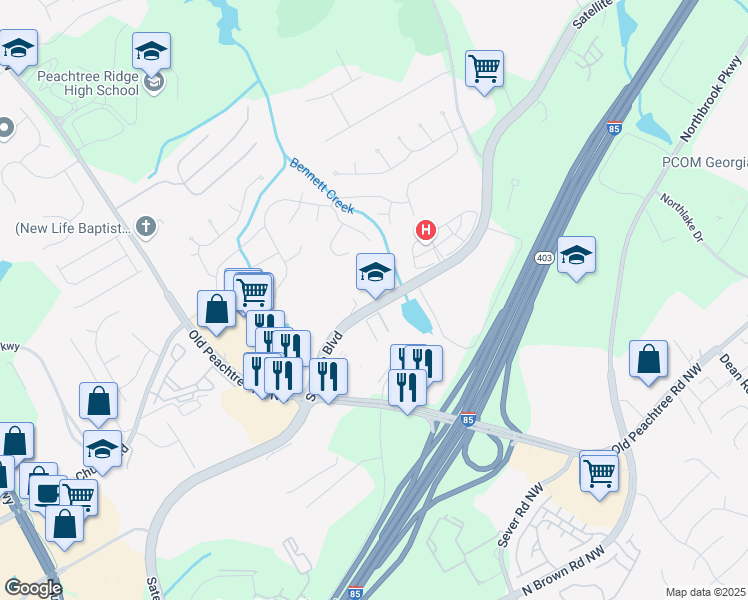 map of restaurants, bars, coffee shops, grocery stores, and more near 1456 Satellite Boulevard Northwest in Suwanee