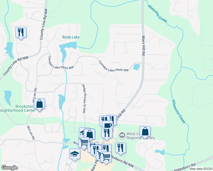 map of restaurants, bars, coffee shops, grocery stores, and more near 5403 Hedge Brooke Cove Northwest in Acworth