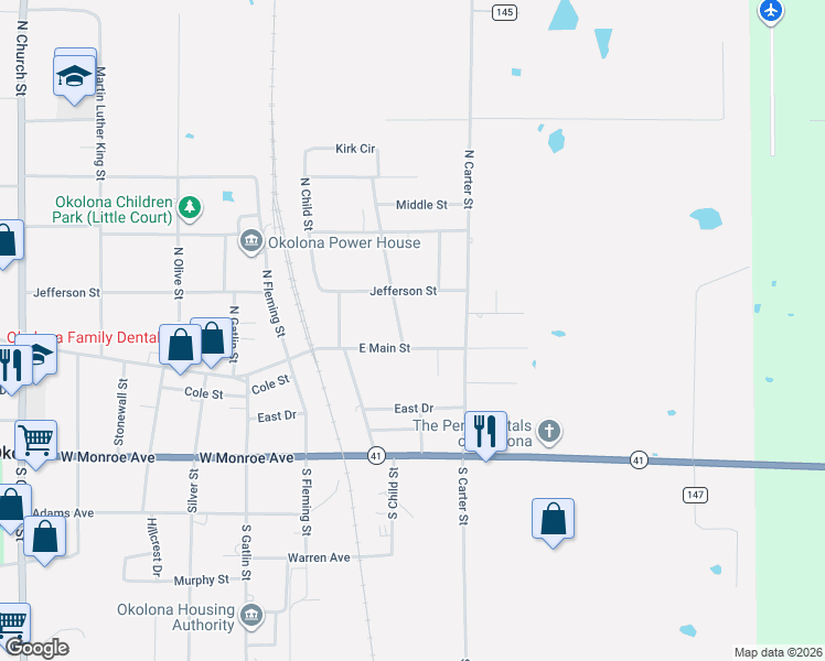 map of restaurants, bars, coffee shops, grocery stores, and more near 217-259 East Main Street in Okolona