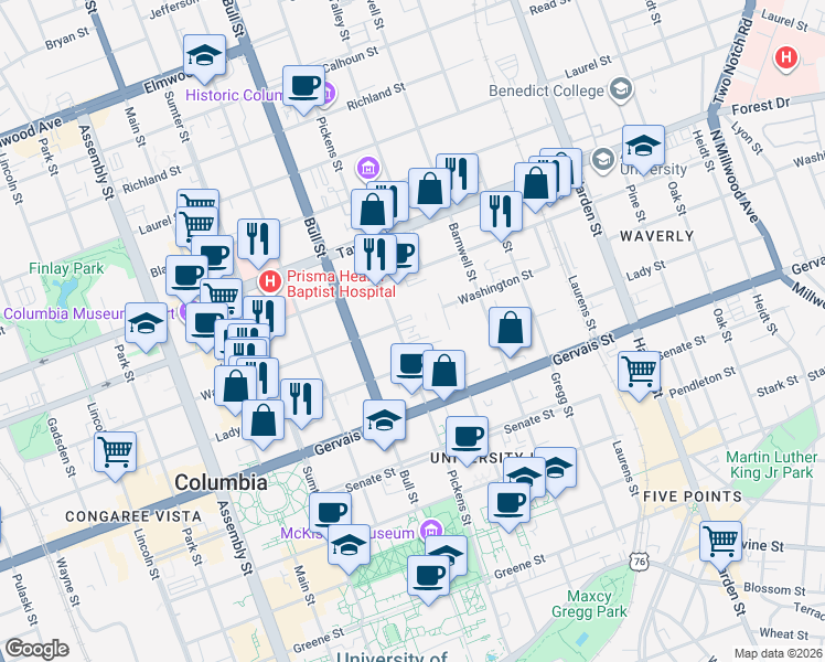 map of restaurants, bars, coffee shops, grocery stores, and more near 1332 Pickens Street in Columbia