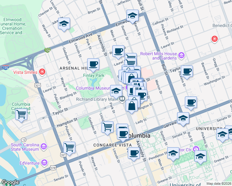 map of restaurants, bars, coffee shops, grocery stores, and more near 1529 Assembly Street in Columbia