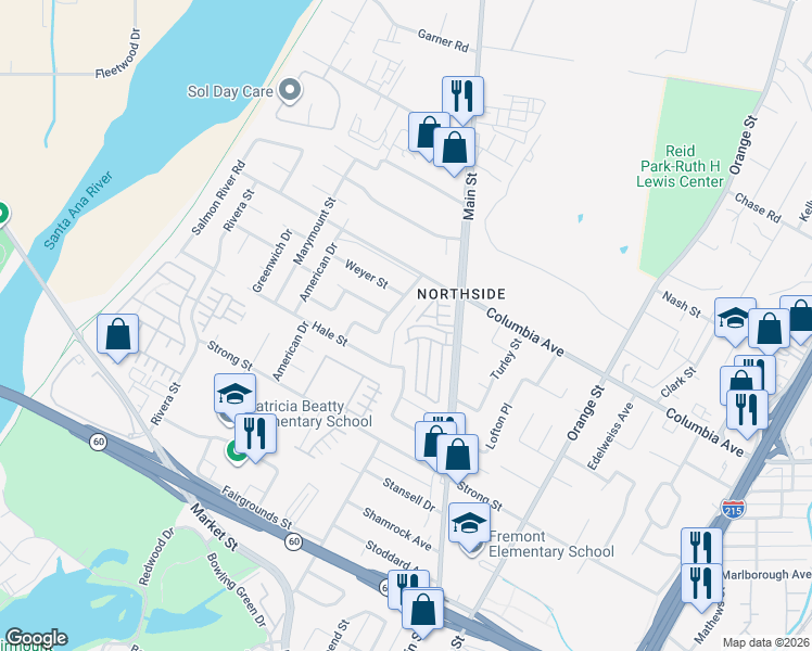 map of restaurants, bars, coffee shops, grocery stores, and more near 3893 Fairmount Boulevard in Riverside