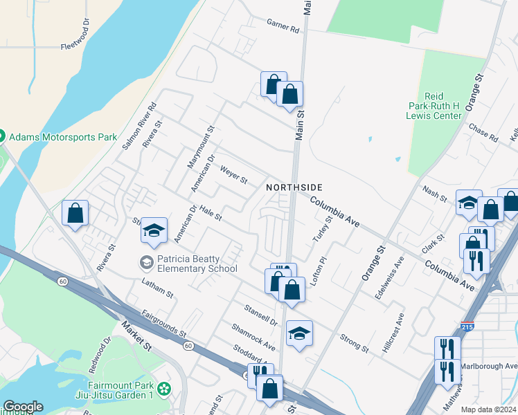 map of restaurants, bars, coffee shops, grocery stores, and more near 1339 Castledale Street in Riverside