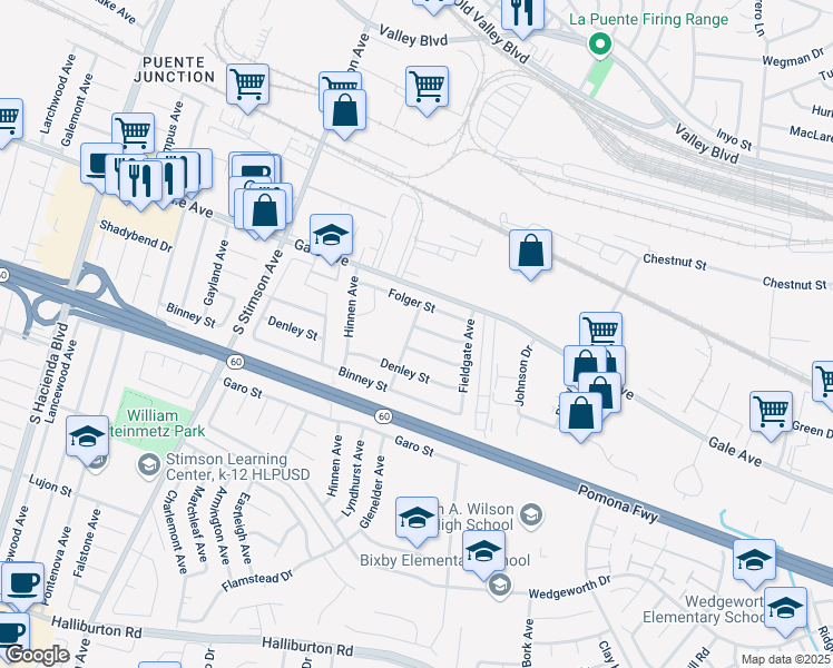 map of restaurants, bars, coffee shops, grocery stores, and more near 16302 Rochlen Street in Hacienda Heights