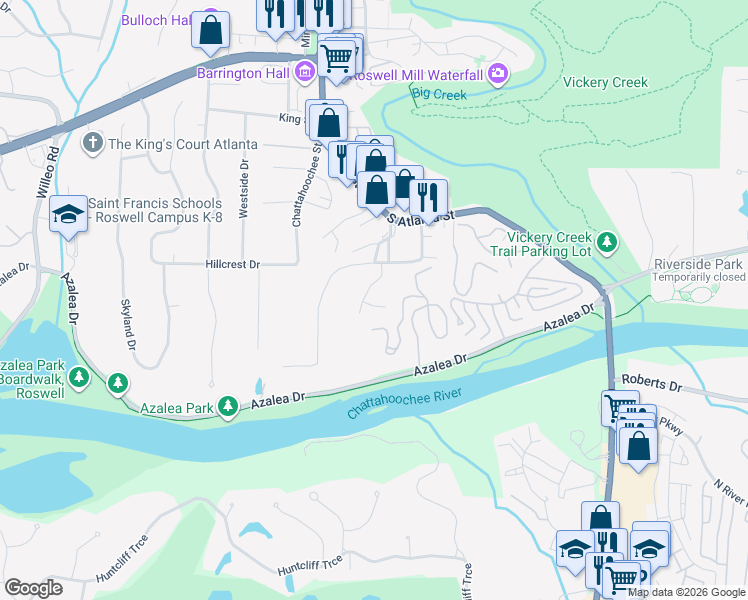 map of restaurants, bars, coffee shops, grocery stores, and more near 65 Willow Springs Lane in Roswell