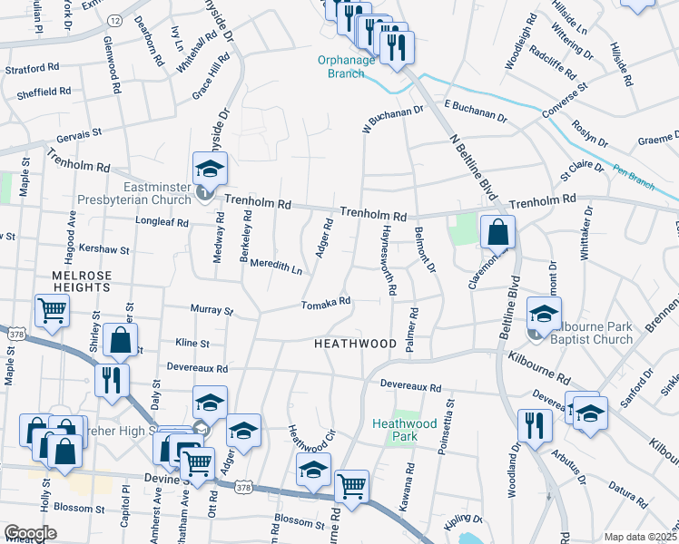 map of restaurants, bars, coffee shops, grocery stores, and more near 3625 Tomaka Road in Columbia