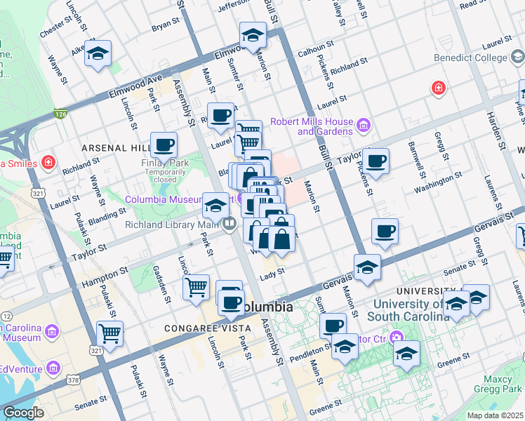 map of restaurants, bars, coffee shops, grocery stores, and more near 1502 Main Street in Columbia