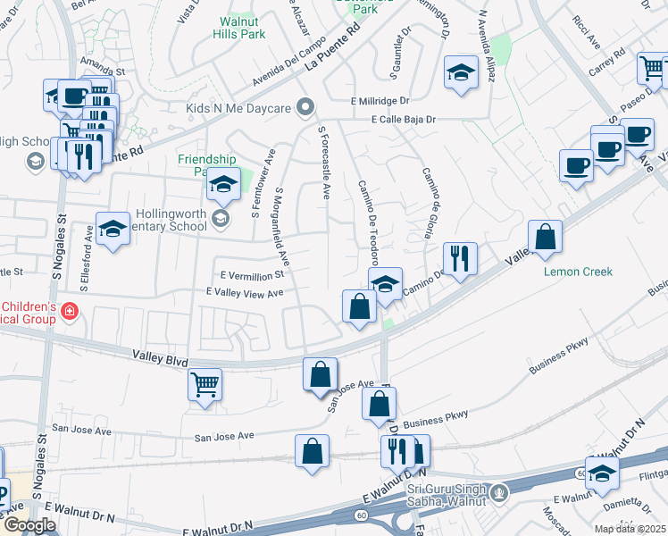 map of restaurants, bars, coffee shops, grocery stores, and more near 4004 South Forecastle Avenue in West Covina
