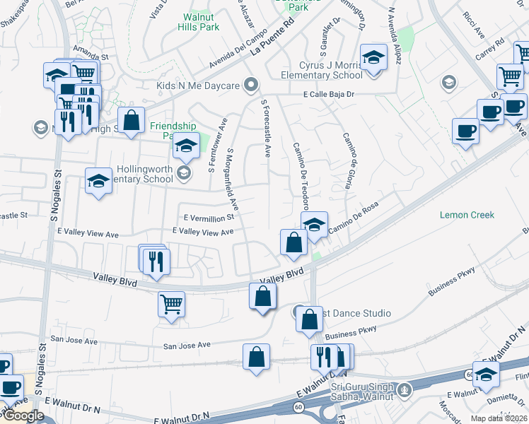 map of restaurants, bars, coffee shops, grocery stores, and more near 4013 South Forecastle Avenue in West Covina