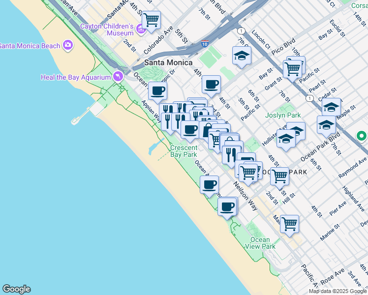 map of restaurants, bars, coffee shops, grocery stores, and more near 2000 Ocean Avenue in Santa Monica