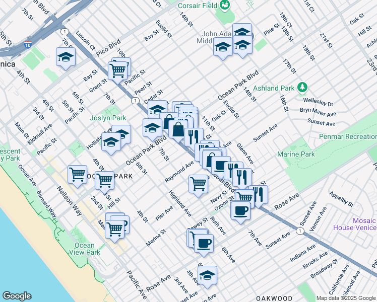 map of restaurants, bars, coffee shops, grocery stores, and more near Lincoln Boulevard & Hill Street in Santa Monica