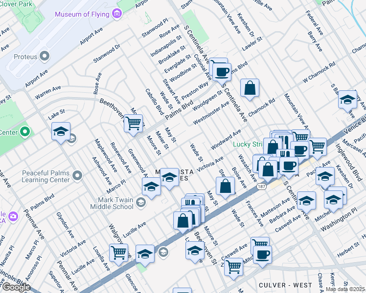 map of restaurants, bars, coffee shops, grocery stores, and more near 3600 May Street in Los Angeles