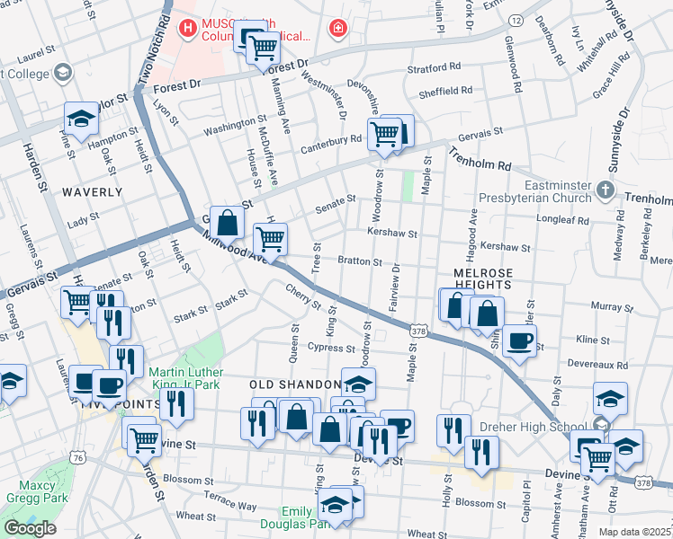 map of restaurants, bars, coffee shops, grocery stores, and more near 1125 King Street in Columbia