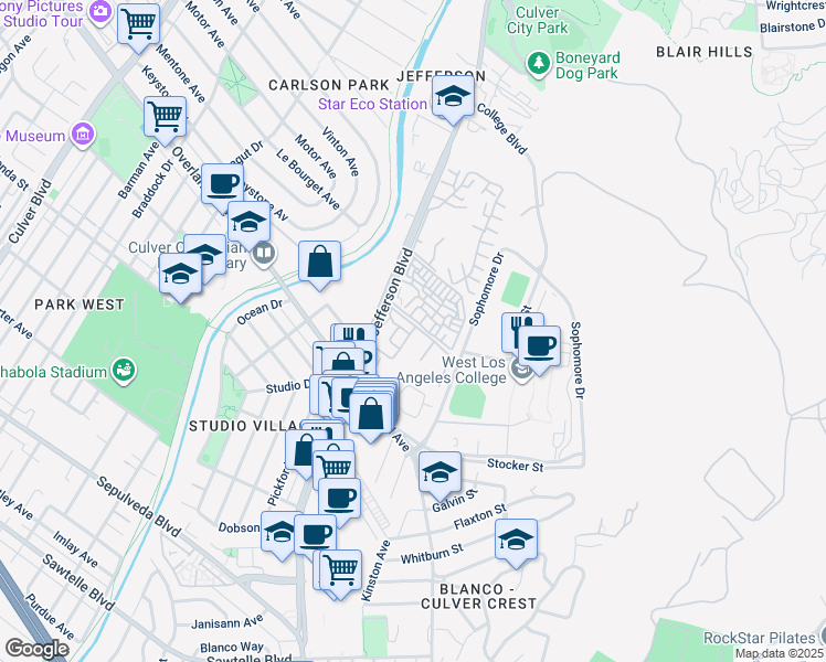 map of restaurants, bars, coffee shops, grocery stores, and more near 2209 Summertime Lane in Culver City