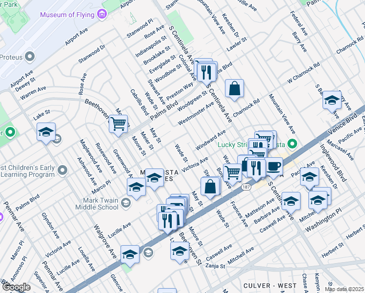 map of restaurants, bars, coffee shops, grocery stores, and more near 3630 May Street in Los Angeles