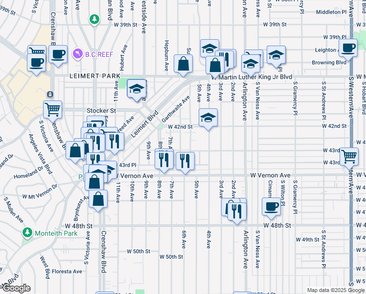 map of restaurants, bars, coffee shops, grocery stores, and more near 4250 6th Avenue in Los Angeles
