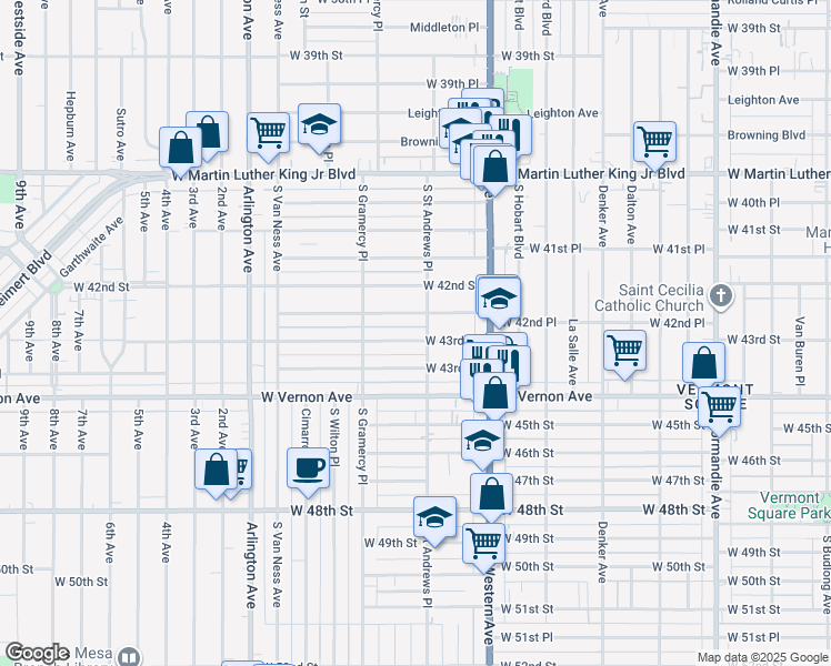 map of restaurants, bars, coffee shops, grocery stores, and more near 1809 West 43rd Street in Los Angeles
