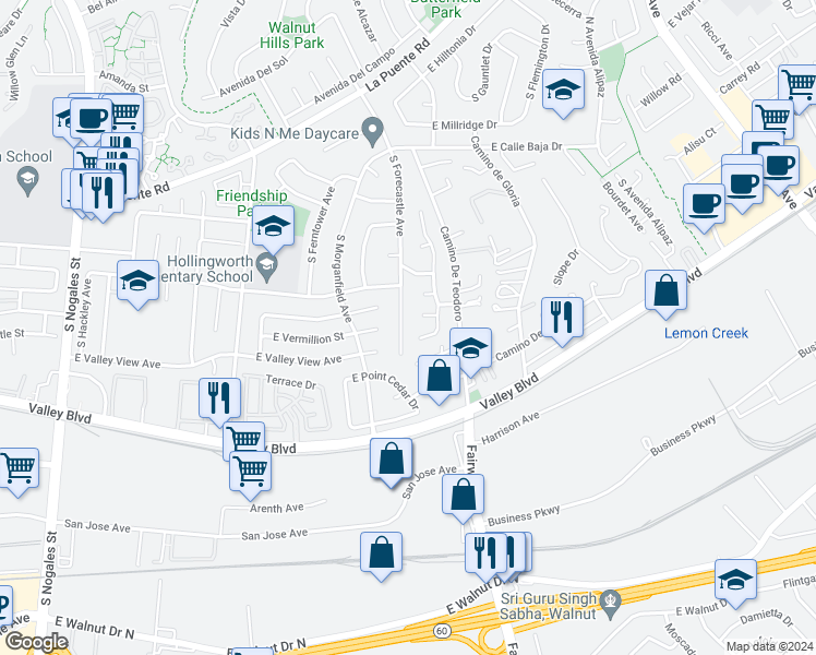 map of restaurants, bars, coffee shops, grocery stores, and more near 4004 South Forecastle Avenue in West Covina