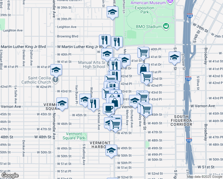 map of restaurants, bars, coffee shops, grocery stores, and more near 4320 South Vermont Avenue in Los Angeles