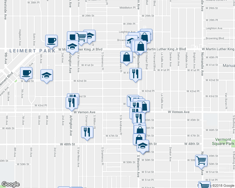 map of restaurants, bars, coffee shops, grocery stores, and more near 1809 West 43rd Street in Los Angeles