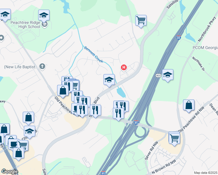 map of restaurants, bars, coffee shops, grocery stores, and more near 1435 Satellite Boulevard Northwest in Suwanee