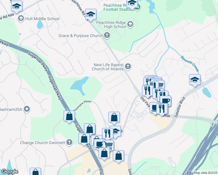 map of restaurants, bars, coffee shops, grocery stores, and more near 1755 Morningdale Circle Northwest in Duluth