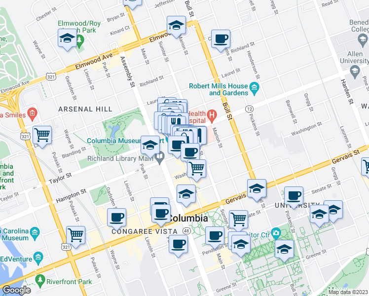 map of restaurants, bars, coffee shops, grocery stores, and more near 1508 Main Street in Columbia